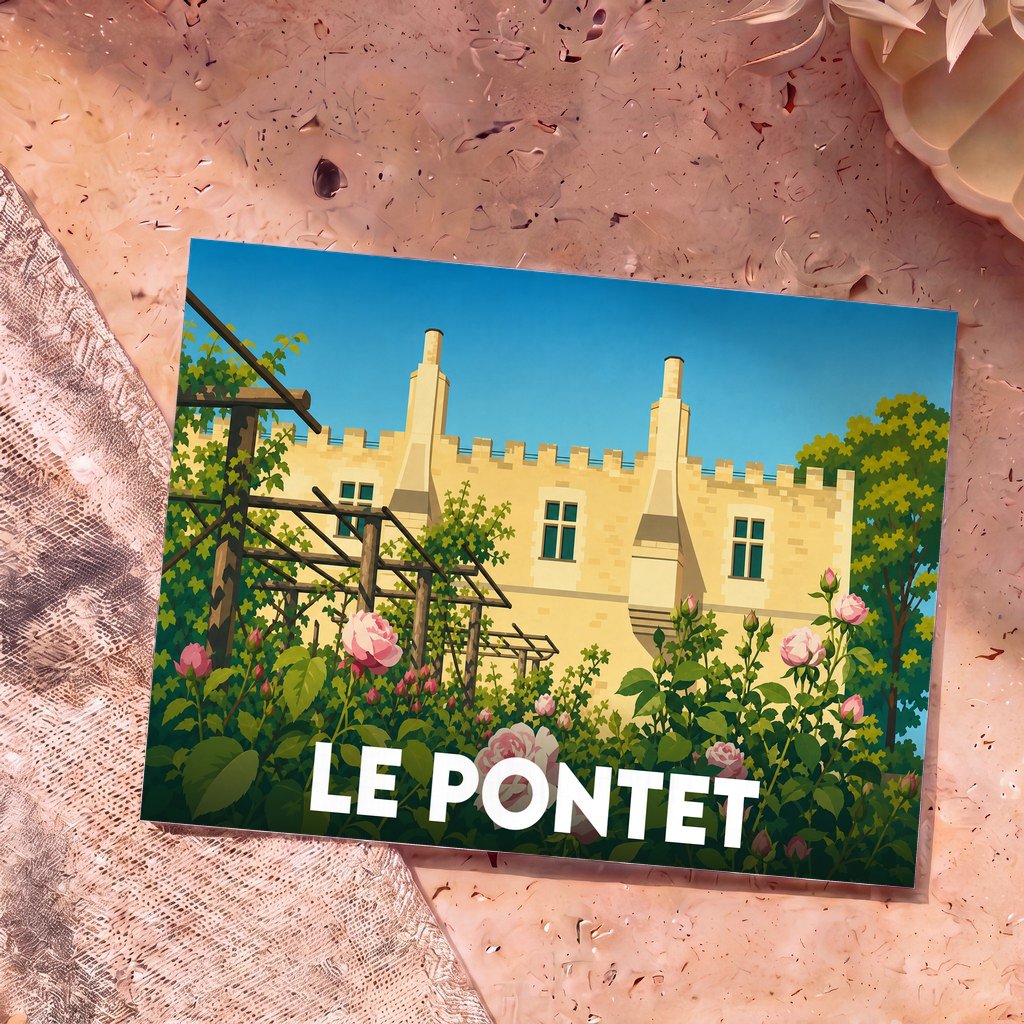 Carte postale souvenir de la ville de Le Pontet avec une illustration stylisée d'un château et de jardins fleuris.