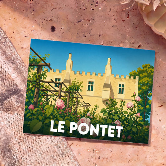 Carte postale souvenir de la ville de Le Pontet avec une illustration stylisée d'un château et de jardins fleuris.
