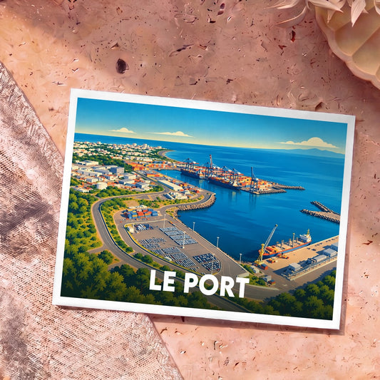 Carte postale souvenir de la ville de Le Port avec une illustration stylisée de son port industriel et de son littoral.