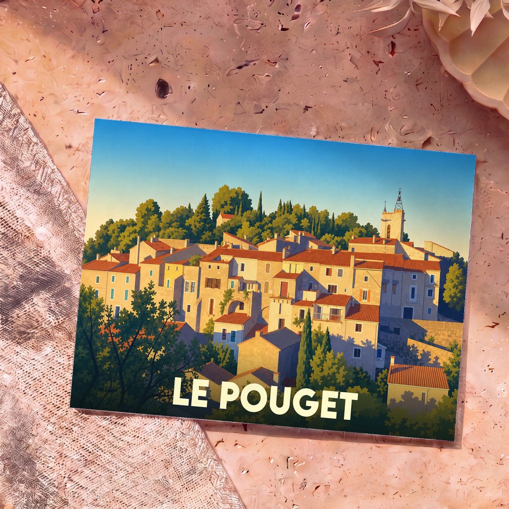 Carte postale souvenir de la ville de Le Pouget avec une illustration stylisée.