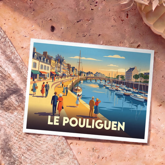 Carte postale souvenir de la ville de Le Pouliguen avec une illustration stylisée de son port de plaisance.