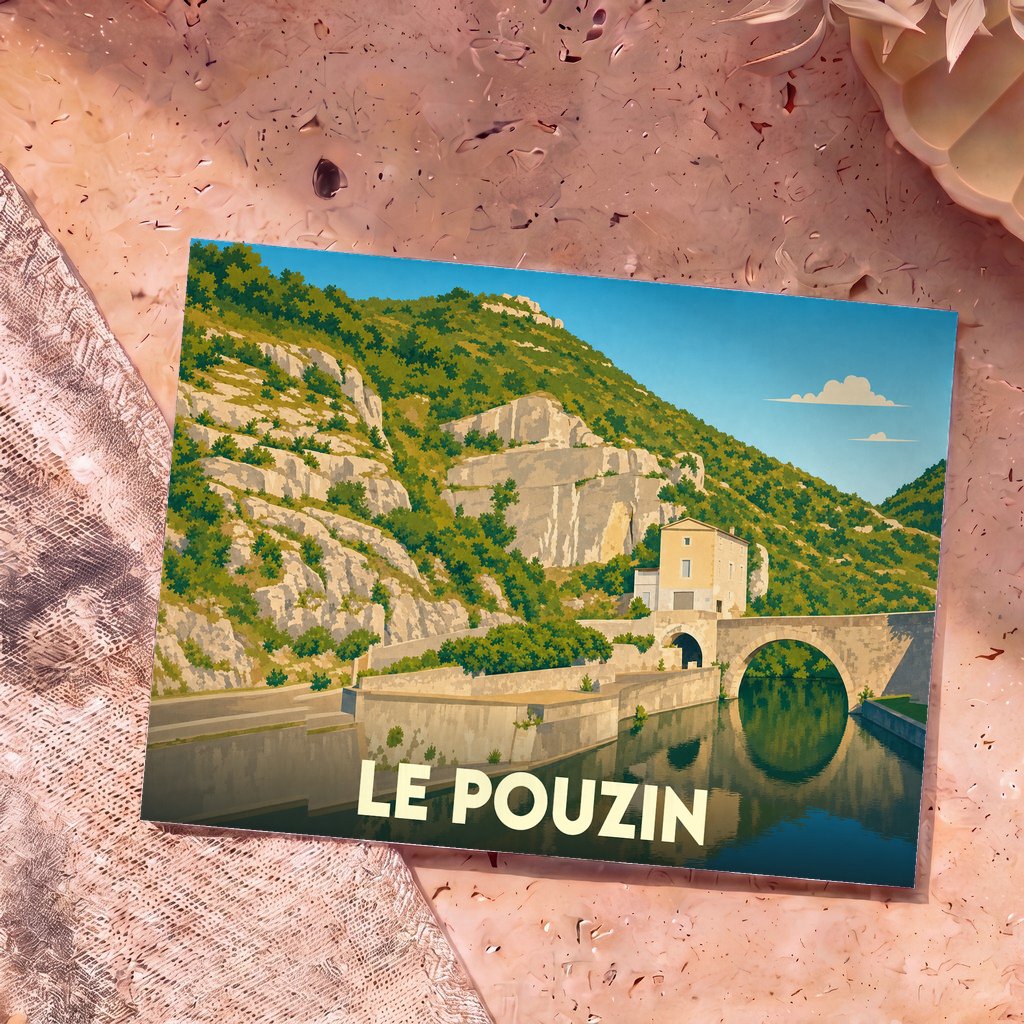 Carte postale souvenir de la ville de Le Pouzin présentant une illustration stylisée d'un pont en pierre au pied d'une montagne.