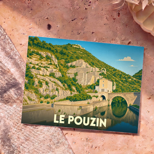 Carte postale souvenir de la ville de Le Pouzin présentant une illustration stylisée d'un pont en pierre au pied d'une montagne.