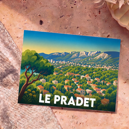 Carte postale souvenir de la ville du Pradet avec une illustration stylisée.