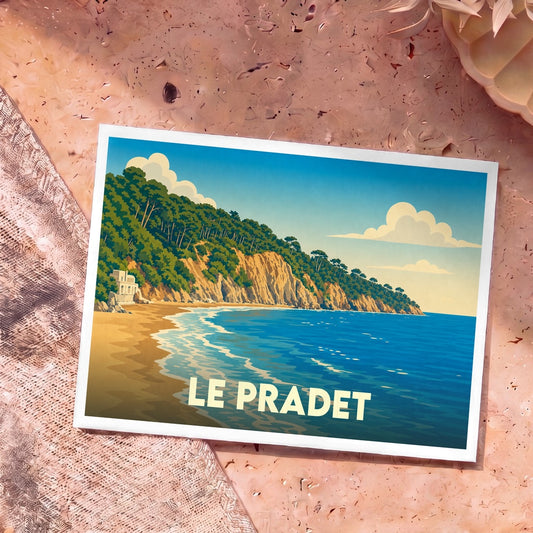 Carte postale souvenir de la ville du Pradet présentant une illustration stylisée de son littoral escarpé et ensoleillé.