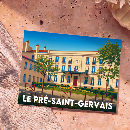 Carte postale souvenir de la ville de Le Pré-Saint-Gervais avec une illustration stylisée de la mairie.