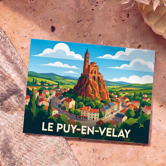 Carte postale souvenir de la ville de Le Puy-en-Velay avec une illustration stylisée de sa chapelle perchée.