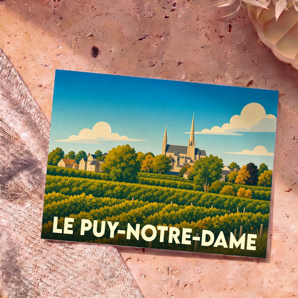 Carte postale souvenir de la ville de Le Puy-Notre-Dame avec une illustration stylisée de son église dominant les vignobles.
