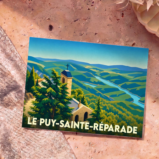 Carte postale souvenir de la ville de Le Puy-Sainte-Réparade avec une illustration stylisée d'un paysage provençal.