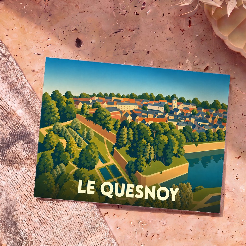 Carte postale souvenir de la ville de Le Quesnoy avec une illustration stylisée de ses remparts et de ses jardins.