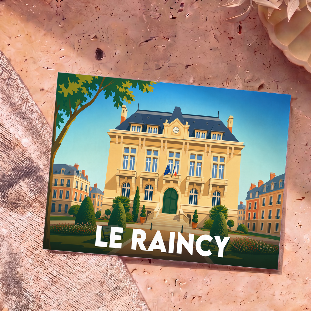 Carte postale souvenir de la ville de Le Raincy illustrant l'hôtel de ville dans un style graphique épuré.