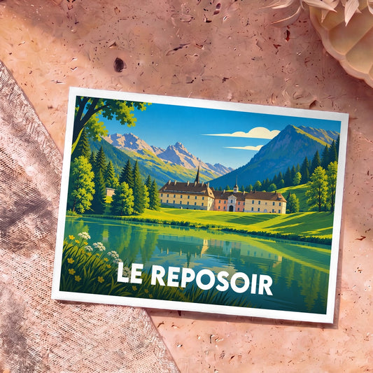 Carte postale souvenir de la ville de Le Reposoir avec une illustration stylisée d'un monastère au bord d'un lac de montagne.
