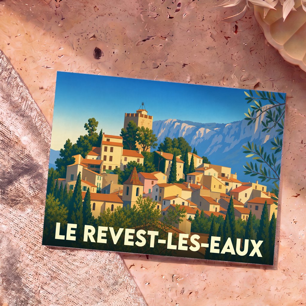 Carte postale souvenir de la ville de Le Revest-les-Eaux avec une illustration stylisée.