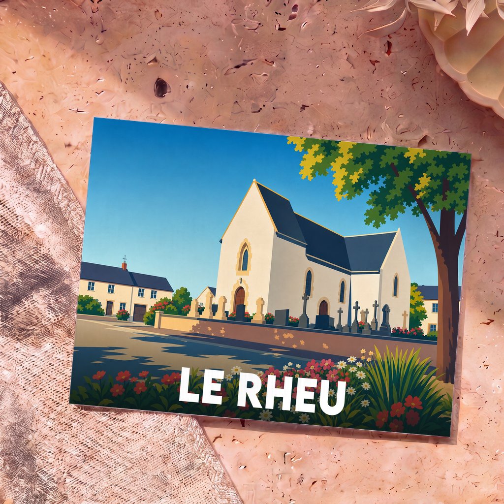 Carte postale souvenir de la ville de Le Rheu avec une illustration stylisée d'une église bretonne.