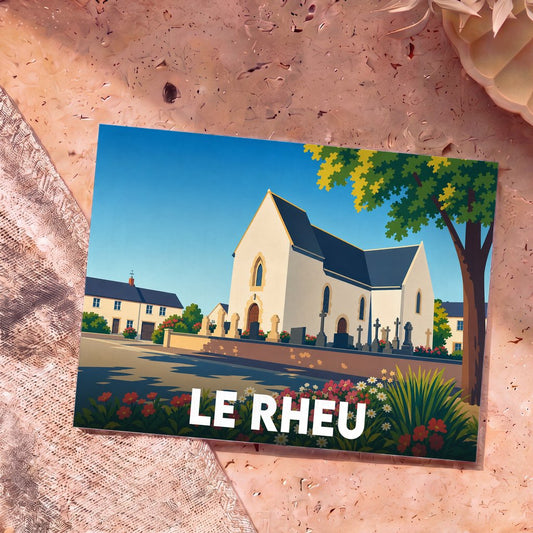 Carte postale souvenir de la ville de Le Rheu avec une illustration stylisée d'une église bretonne.