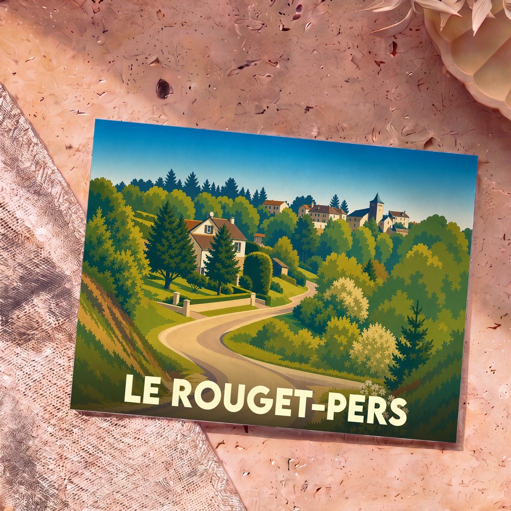 Carte postale souvenir de la commune de Le Rouget-Pers avec une illustration stylisée et colorée de ses paysages vallonnés.