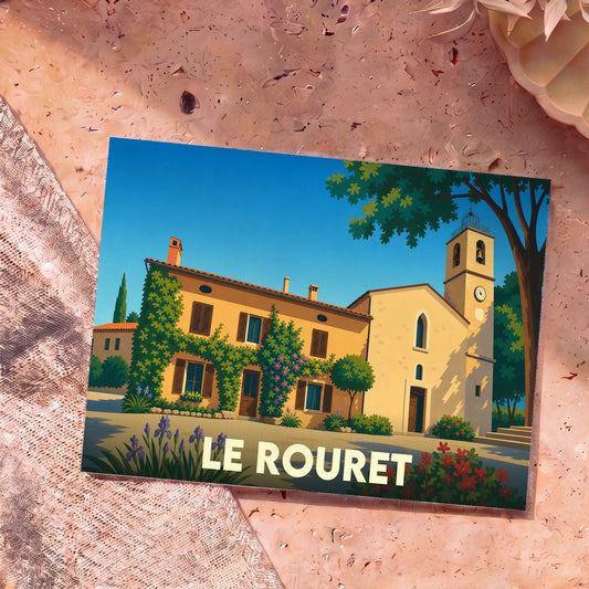 Carte postale souvenir de la ville de Le Rouret avec une illustration stylisée d'une église provençale sous un ciel bleu.