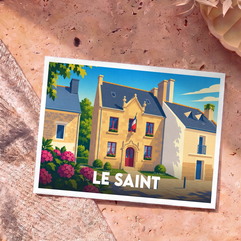 Carte postale souvenir de la ville de Le Saint avec une illustration stylisée de bâtiments traditionnels.