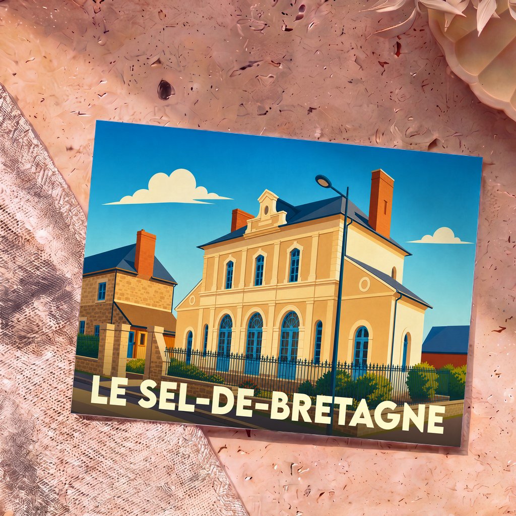 Carte postale souvenir de la ville de Le Sel-de-Bretagne avec une illustration stylisée de son architecture locale.
