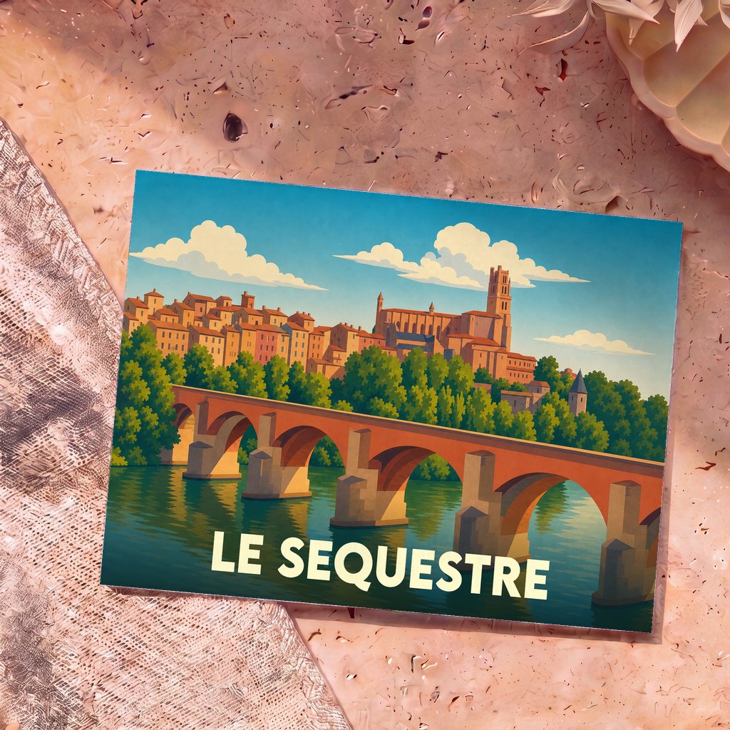 Carte postale souvenir de la ville de Le Sequestre avec une illustration stylisée d'un pont et d'une cathédrale.