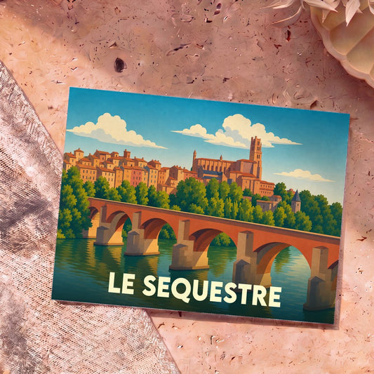 Carte postale souvenir de la ville de Le Sequestre avec une illustration stylisée d'un pont et d'une cathédrale.