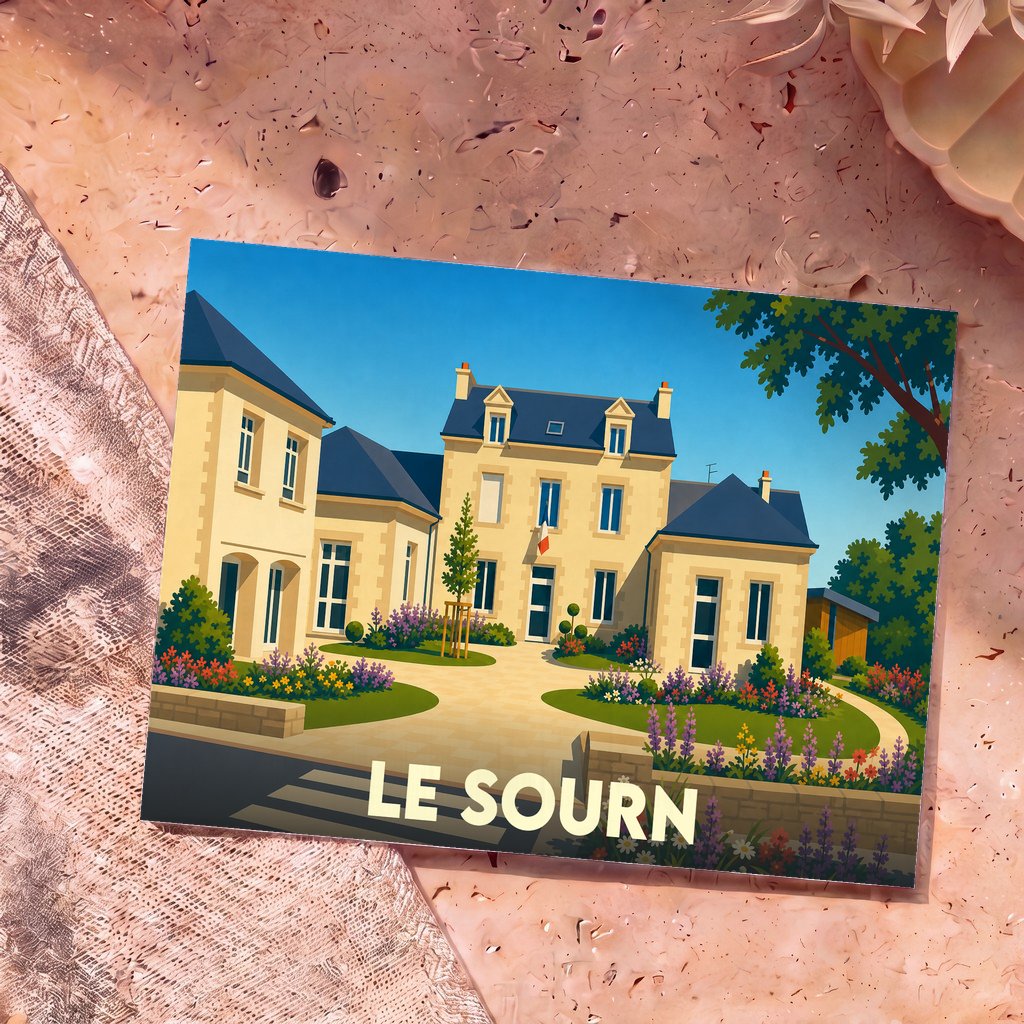 Carte postale souvenir de la ville de Le Sourn avec une illustration colorée et stylisée de sa mairie.