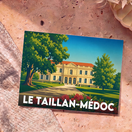 Carte postale souvenir de la ville de Le Taillan-Médoc avec une illustration stylisée d'un château.
