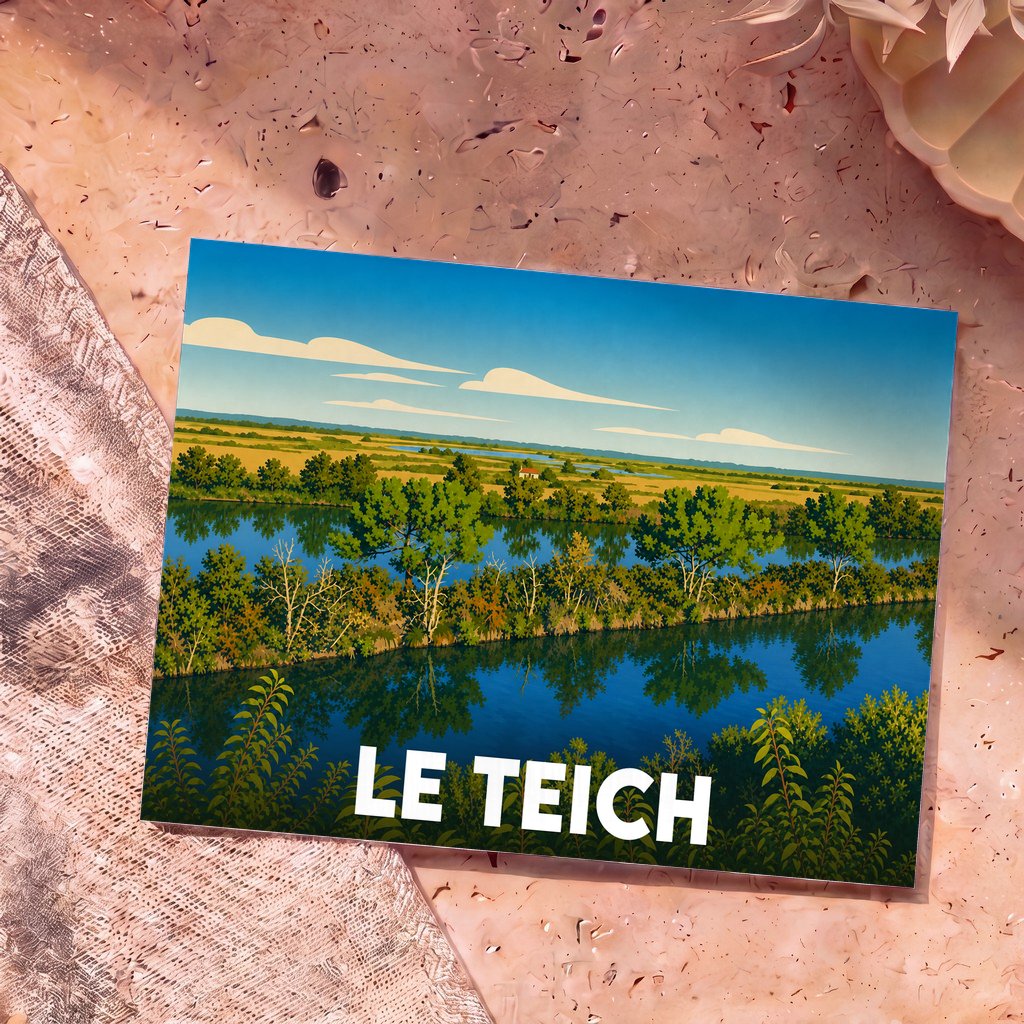 Carte postale souvenir de la ville de Le Teich avec une illustration stylisée de ses paysages naturels.