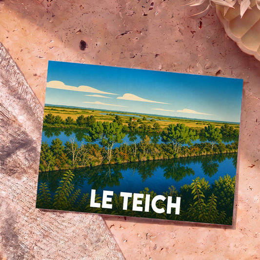 Carte postale souvenir de la ville de Le Teich avec une illustration stylisée de ses paysages naturels.