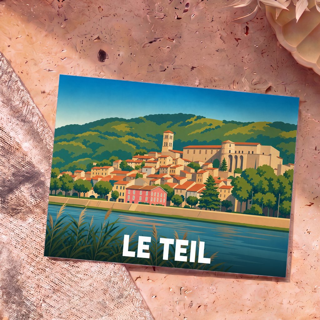 Carte postale souvenir de la ville de Le Teil avec une illustration stylisée représentant ses maisons colorées au bord du Rhône.