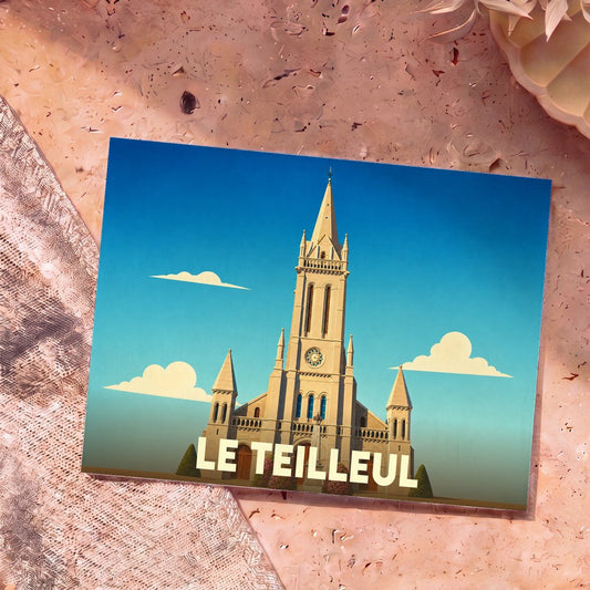 Carte postale souvenir de la ville du Teilleul avec une illustration stylisée de son église.