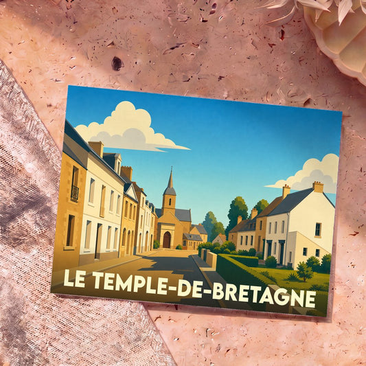 Carte postale souvenir de la ville de Le Temple-de-Bretagne avec une illustration stylisée d'une rue typique et de son église.