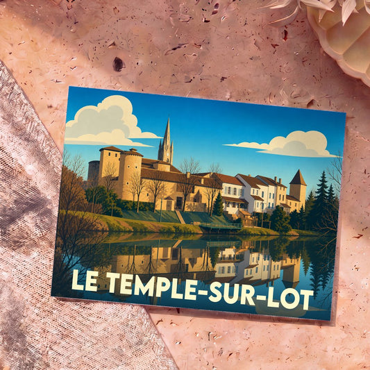 Carte postale souvenir de la ville de Le Temple-sur-Lot avec une illustration stylisée des bords du Lot.