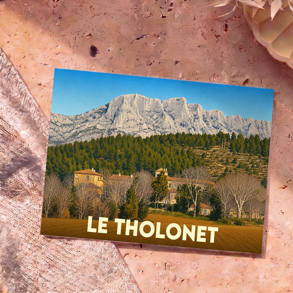 Carte postale souvenir de la ville de Le Tholonet illustrant la montagne Sainte-Victoire surplombant un village provençal.