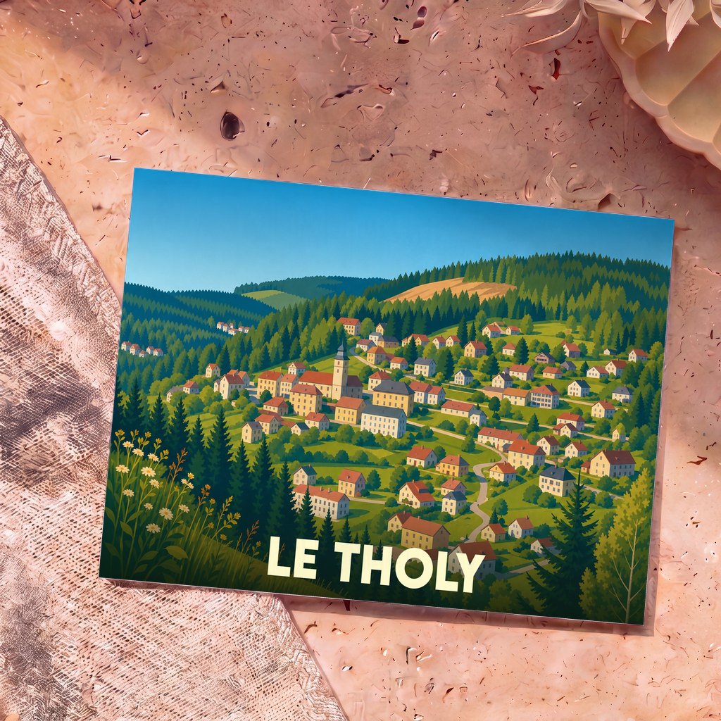 Carte postale souvenir de la ville de Le Tholy avec une illustration stylisée d'un village de montagne.