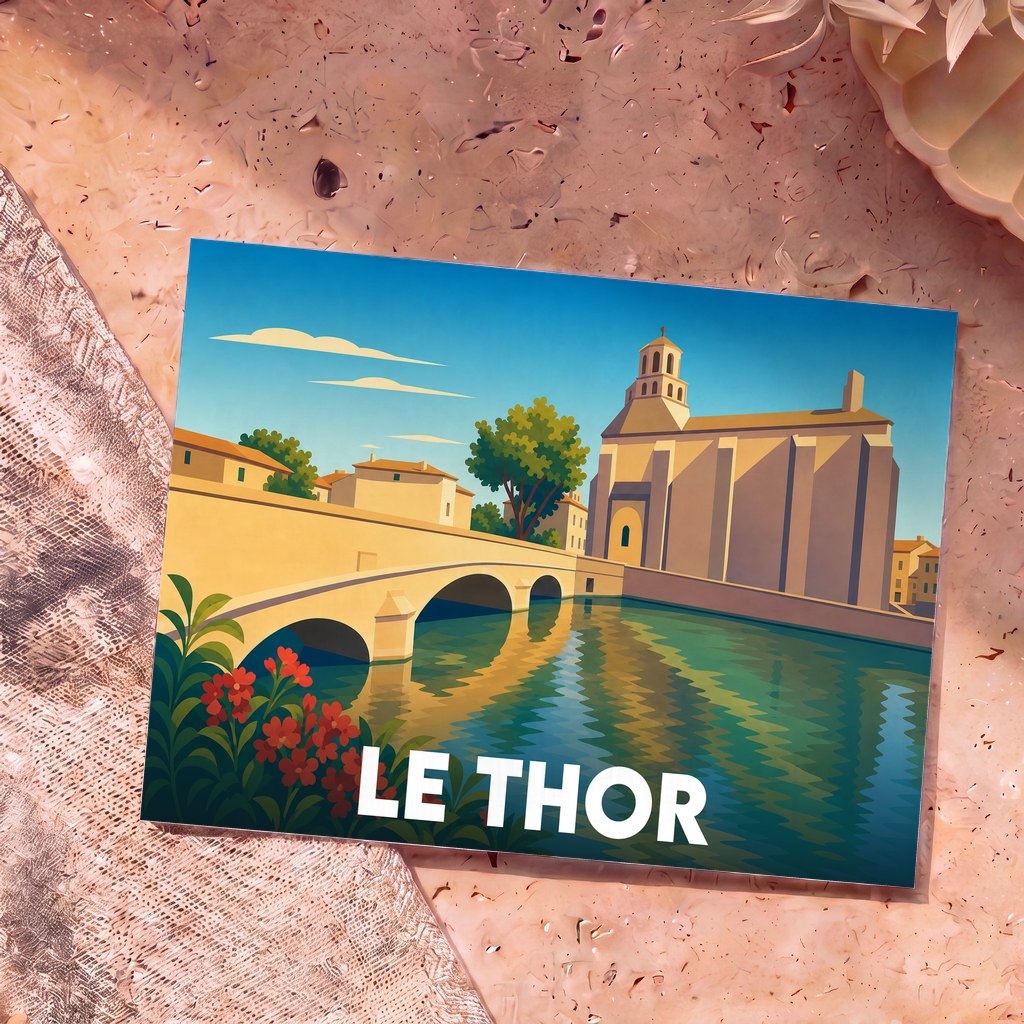 Carte postale souvenir de la ville de Le Thor illustrant son église et son pont de pierre sur la Sorgue dans un style graphique épuré.