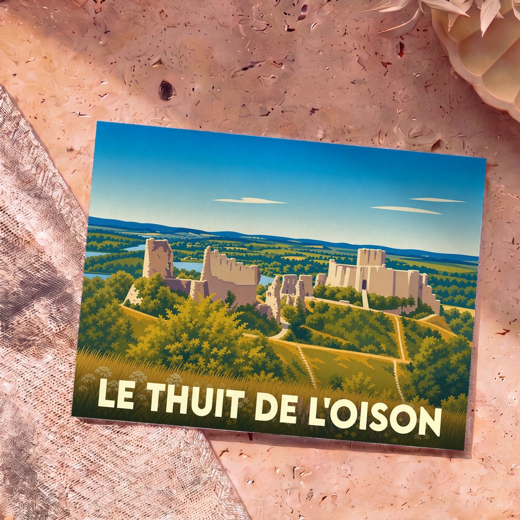 Carte postale souvenir de la commune de Le Thuit de l'Oison avec une illustration stylisée d'un château médiéval.