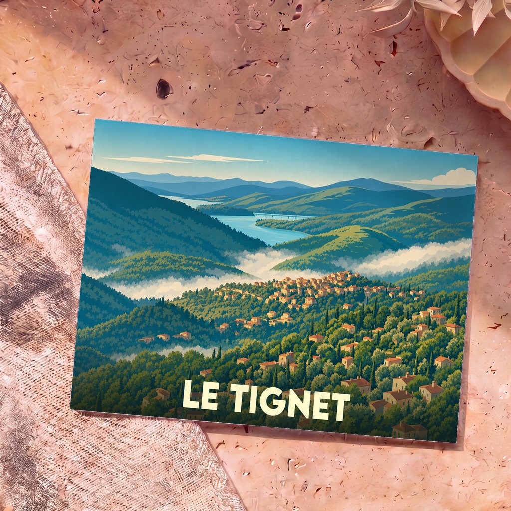 Carte postale souvenir de la ville de Le Tignet avec une illustration stylisée d'un village provençal niché dans des collines boisées.
