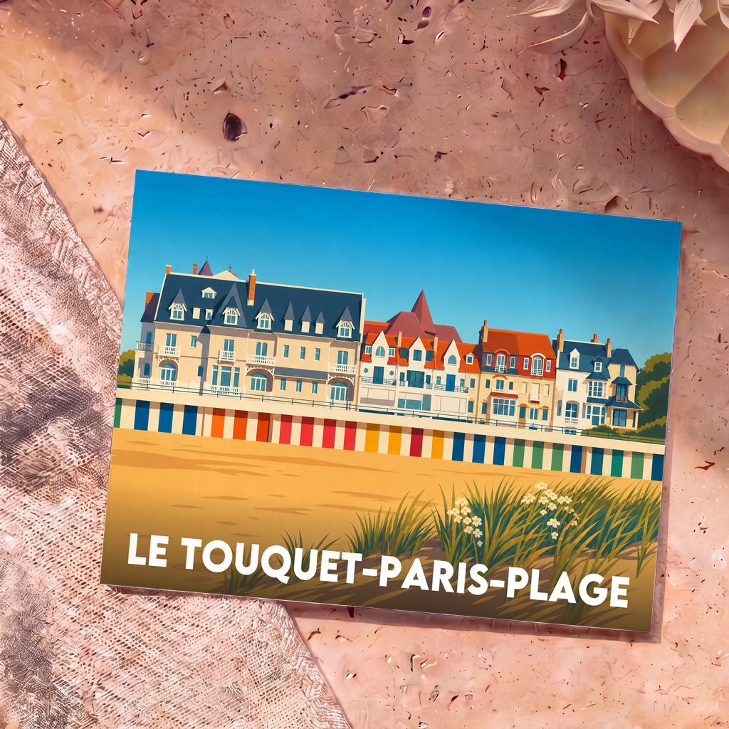 Carte postale souvenir de la ville de Le Touquet-Paris-Plage avec une illustration stylisée de son front de mer.