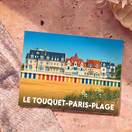 Carte postale souvenir de la ville de Le Touquet-Paris-Plage avec une illustration stylisée de son front de mer.