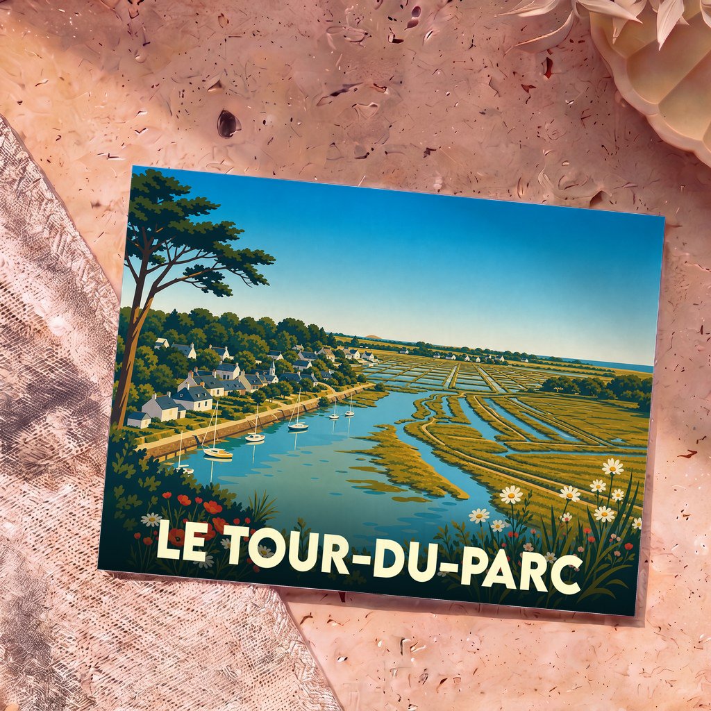 Carte postale souvenir de la ville de Le Tour-du-Parc avec une illustration stylisée de ses marais salants et de son port.