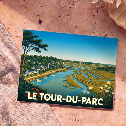 Carte postale souvenir de la ville de Le Tour-du-Parc avec une illustration stylisée de ses marais salants et de son port.