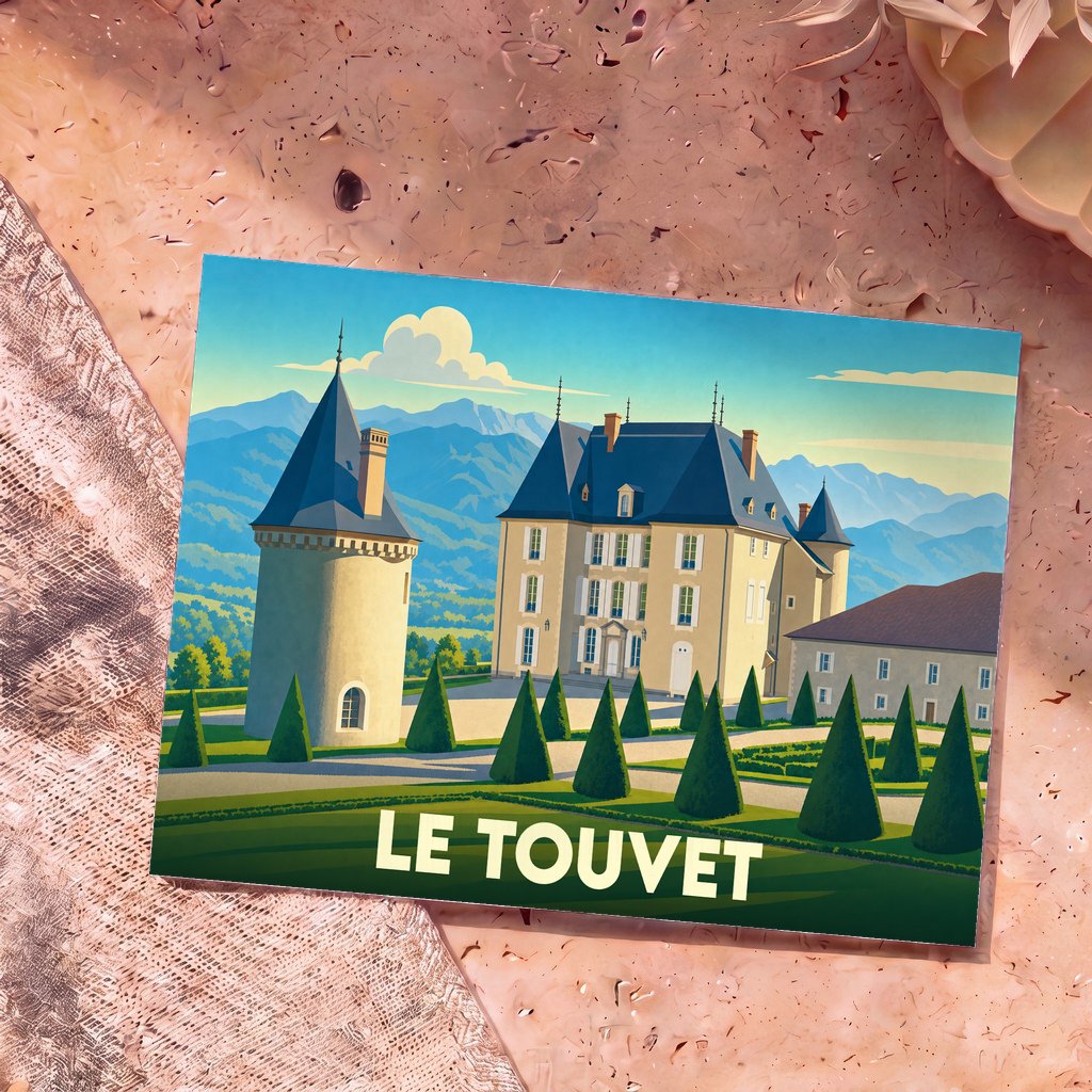 Carte postale souvenir de la ville de Le Touvet avec une illustration stylisée de son château et des montagnes.