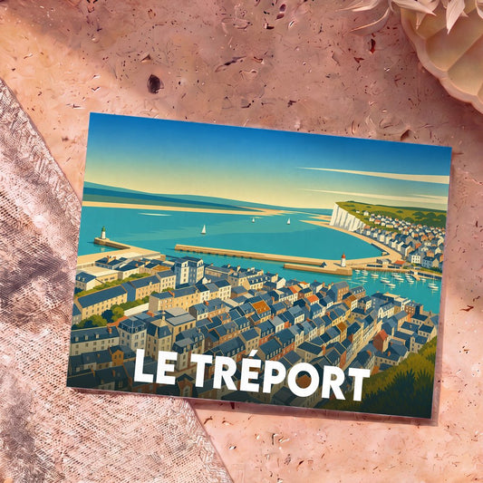 Carte postale souvenir de la ville de Le Tréport avec une illustration stylisée de son port et de ses falaises.