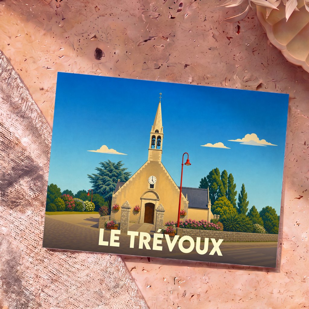 Carte postale souvenir de la ville de Le Trévoux avec une illustration stylisée de son église.