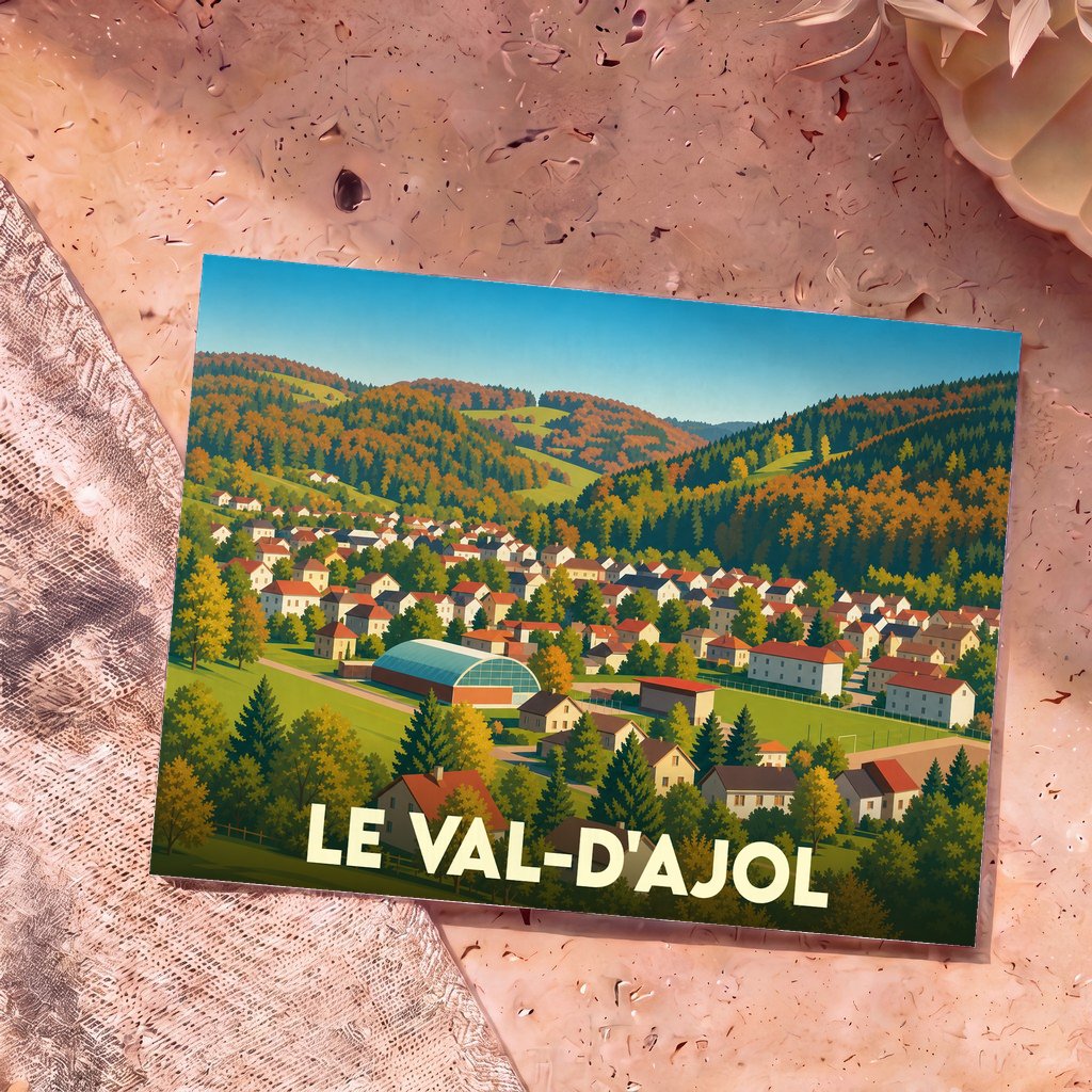 Carte postale souvenir de la ville de Le Val-d'Ajol avec une illustration stylisée d'un paysage vallonné.