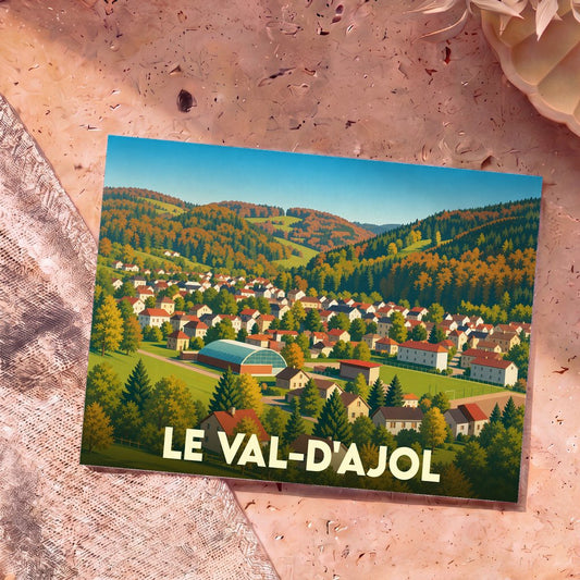 Carte postale souvenir de la ville de Le Val-d'Ajol avec une illustration stylisée d'un paysage vallonné.