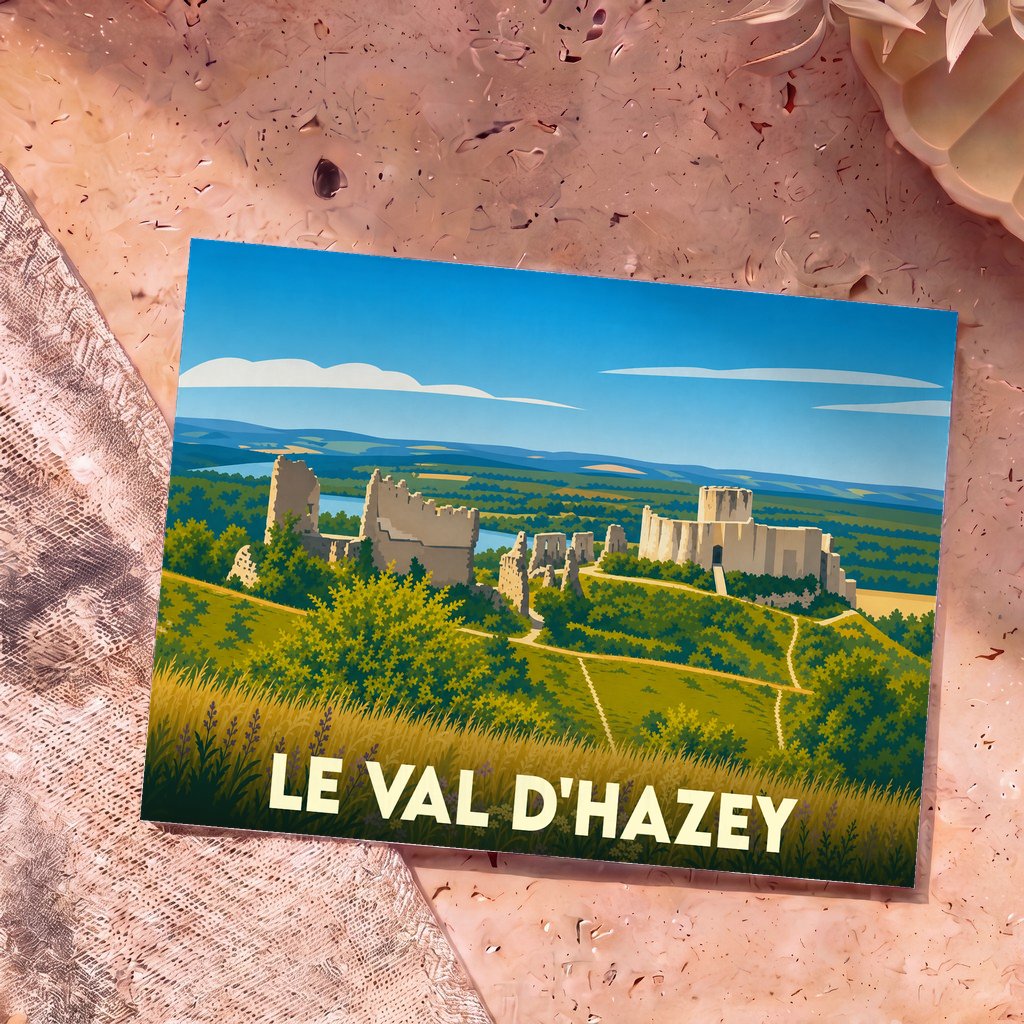 Carte postale souvenir de la ville de Le Val d'Hazey avec une illustration stylisée du Château-Gaillard surplombant la Seine.