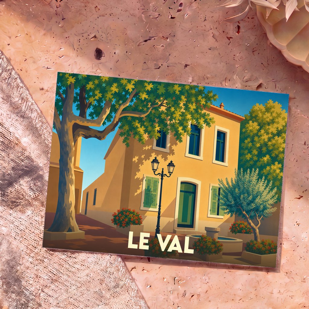 Carte postale souvenir de la ville de Le Val avec une illustration stylisée d'une place provençale ensoleillée.