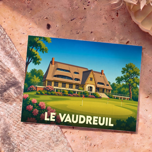 Carte postale souvenir de la ville de Le Vaudreuil avec une illustration stylisée de son golf.